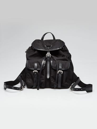 black nylon and leather backpack Unisex with Large Interior Plush Exterior Pockets A black nylon backpack with glossy wipe Prada Re-Nylon And Saffiano Leather