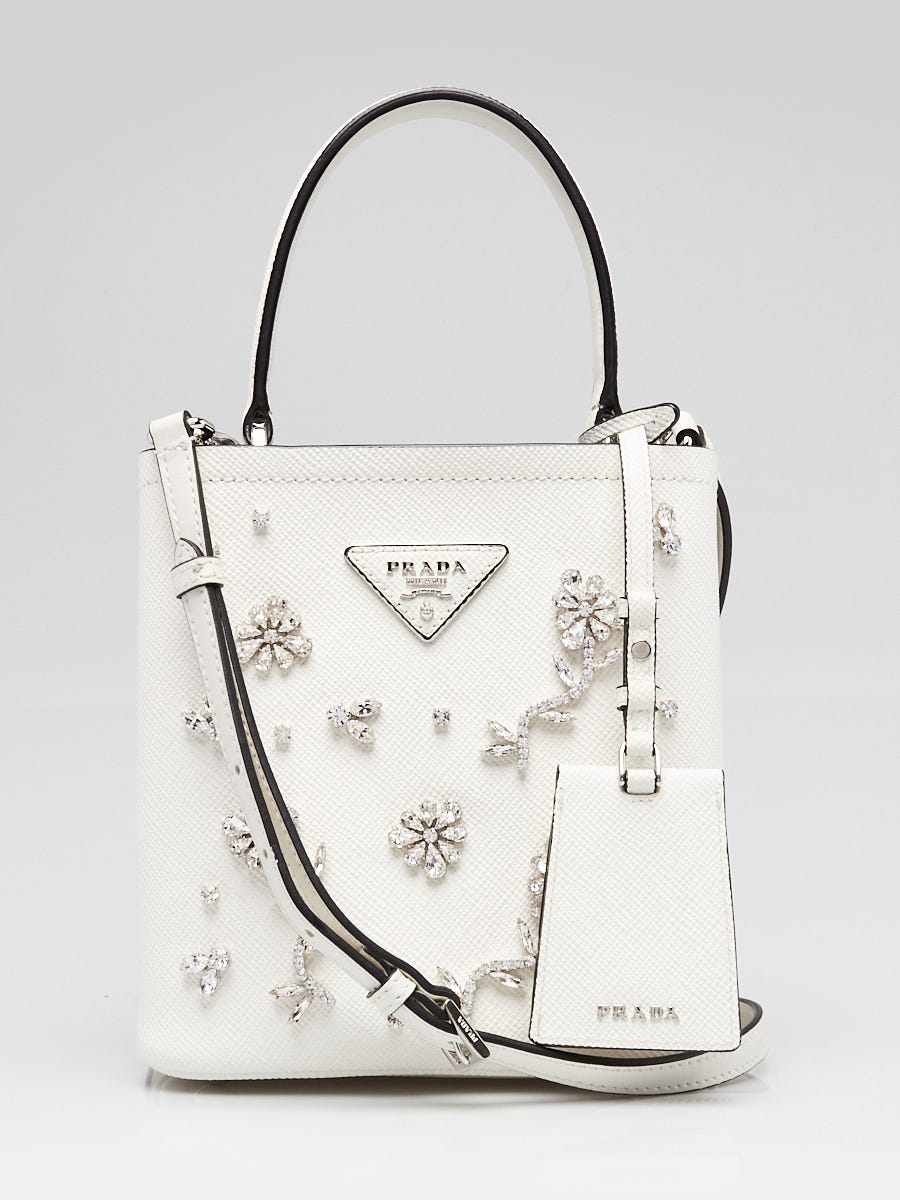 Prada White Saffiano Leather and Crystal Flower Bucket Bag Yoogi s Closet