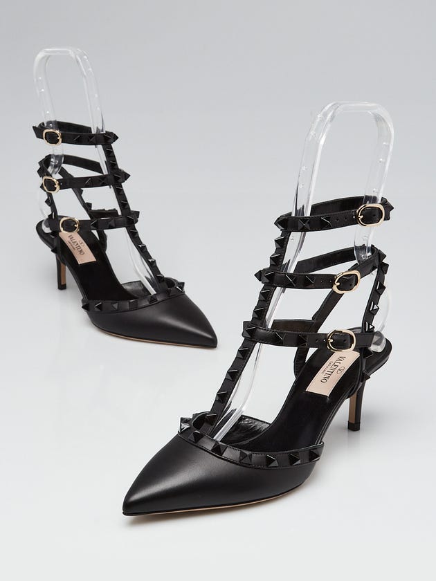 Valentino Black Leather Rockstud Noir Cage Kitten Heel Pumps Size 6/36.5