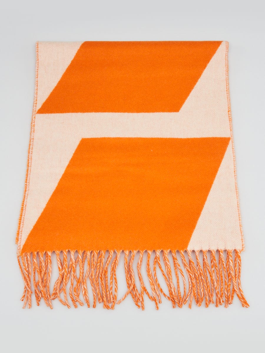 Hermes Orange Cashmere 'Kazak Optic' Print Shawl Scarf | Yoogi's