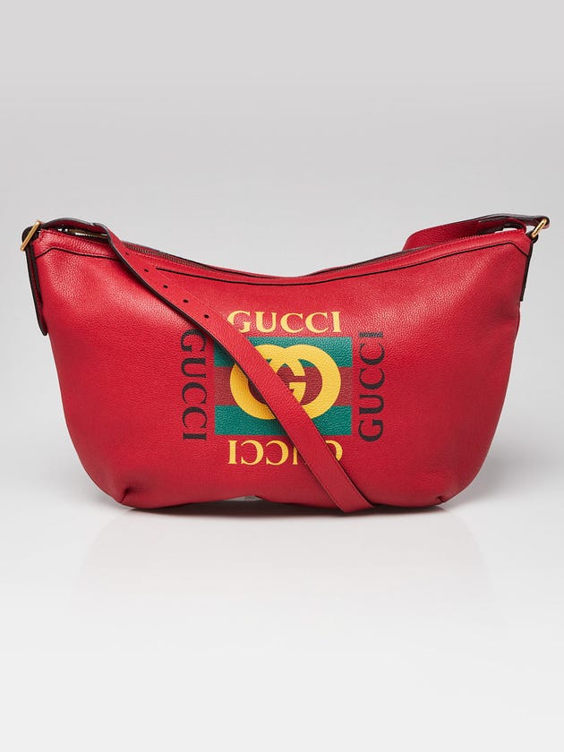 Gucci Red Pebbled Leather Logo Print Half Moon Hobo Bag
