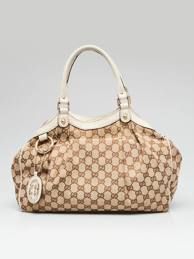 Gucci Beige/White GG Canvas Embossed Leather Medium Sukey Tote Bag