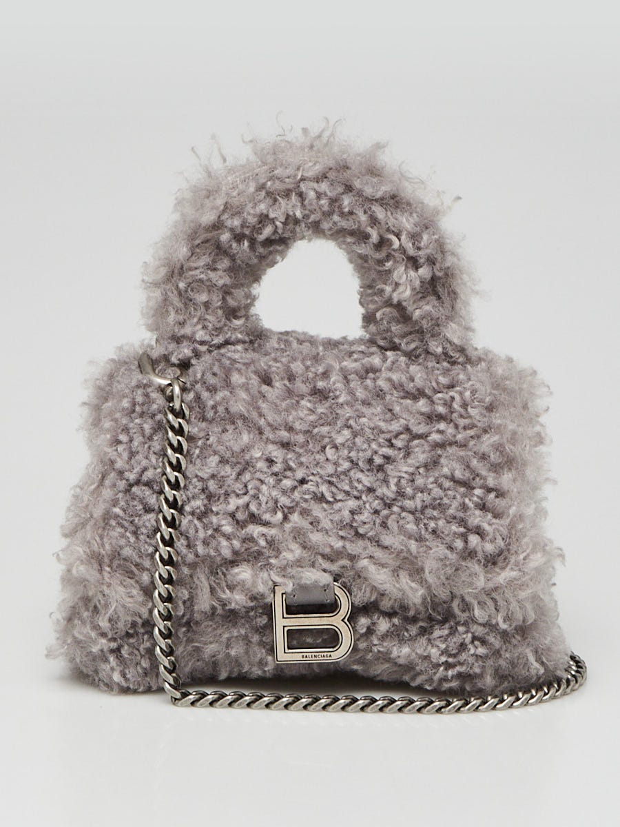 Balenciaga Grey Fluffy Shearling Mini Hourglass Chain Crossbody Bag Yoogi s Closet