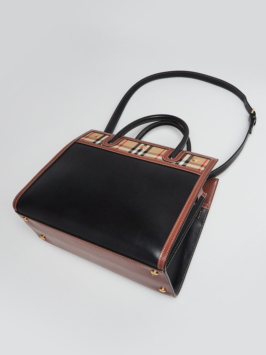 Burberry Black Leather Vintage Check Canvas Medium Title Tote Bag