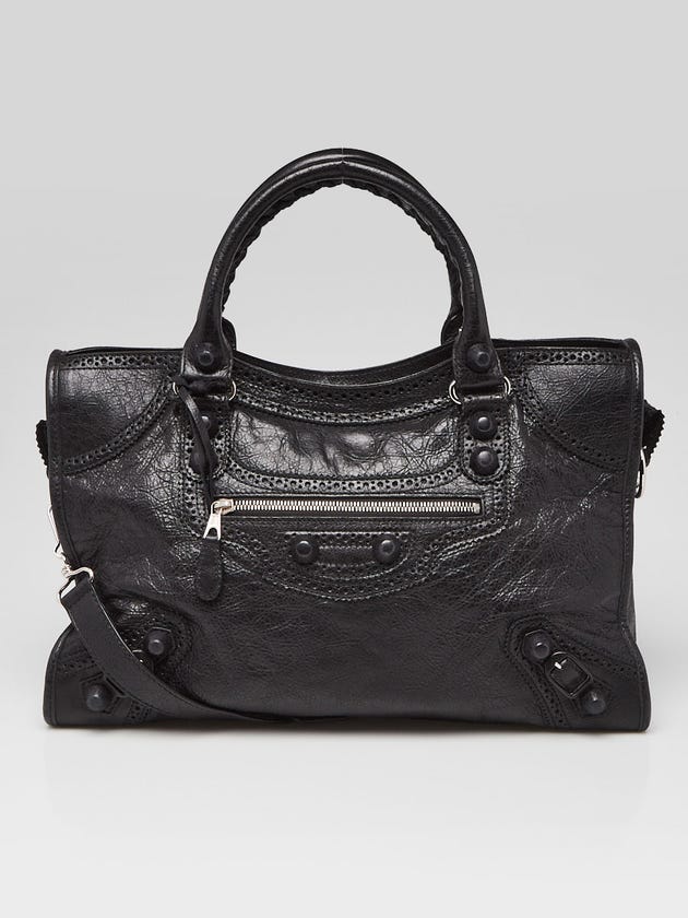 Balenciaga Black Lambskin Leather Giant Brogues Motorcycle City Bag