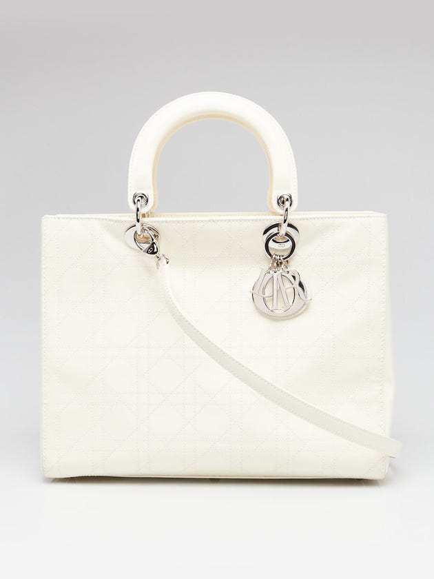 Christian Dior Dark White Cannage Quilted Patent Leather Large Lady Dior Bag