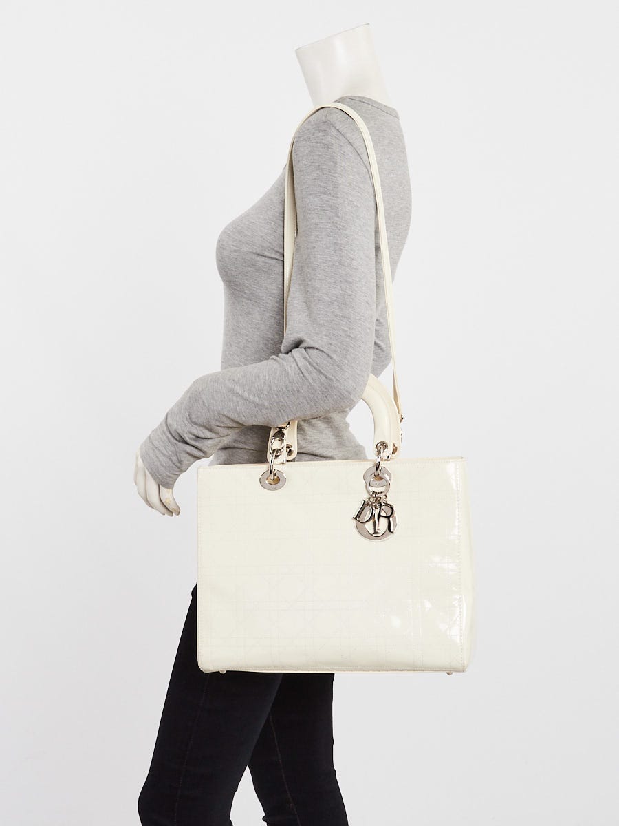 Christian Dior Dark White Cannage Quilted Patent Leather Large Lady Dior Bag