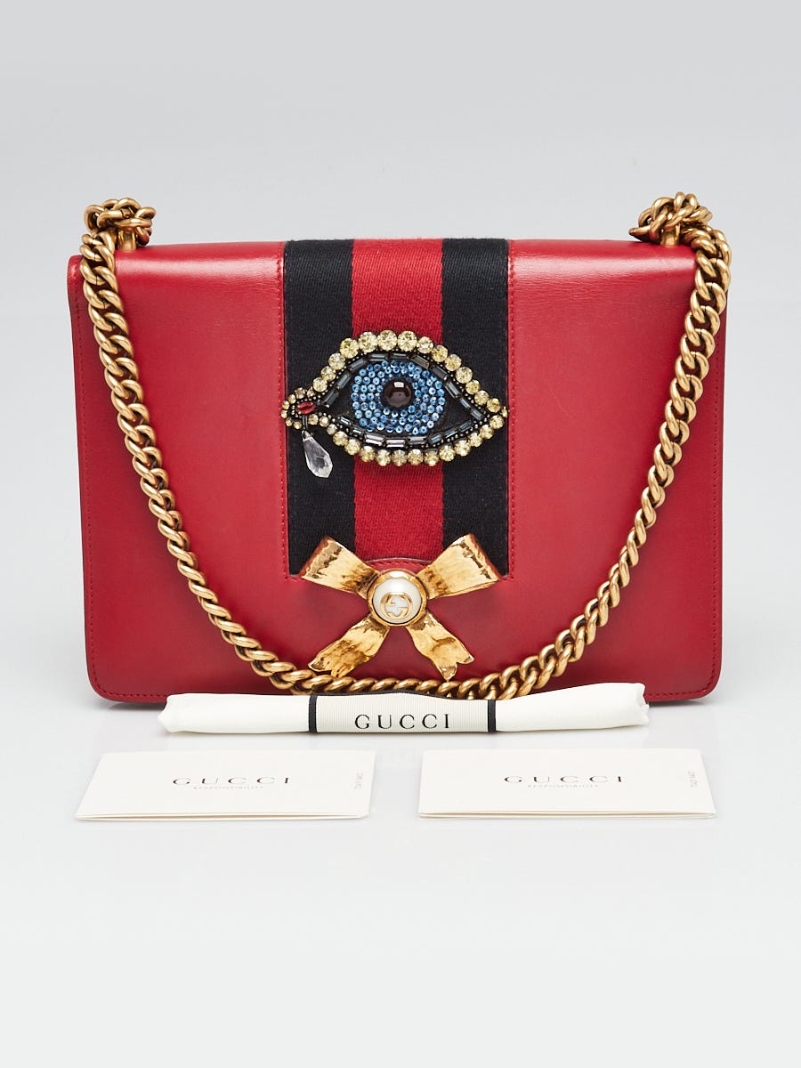 Gucci Red Leather Peony Medium Eye Chain Shoulder Bag