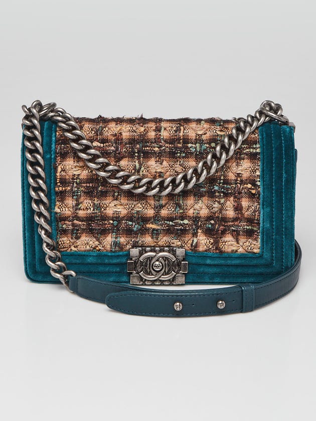 Chanel Green Velvet and Quilted Plaid Tweed Paris-Edinburgh Medium Boy Bag