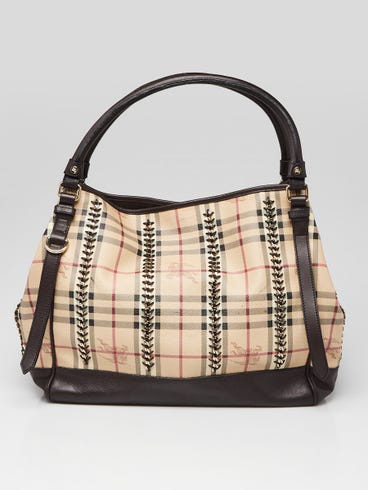 Burberry Brown Leather Haymarket Check Coated Canvas Chain Lawrence Tote Bag