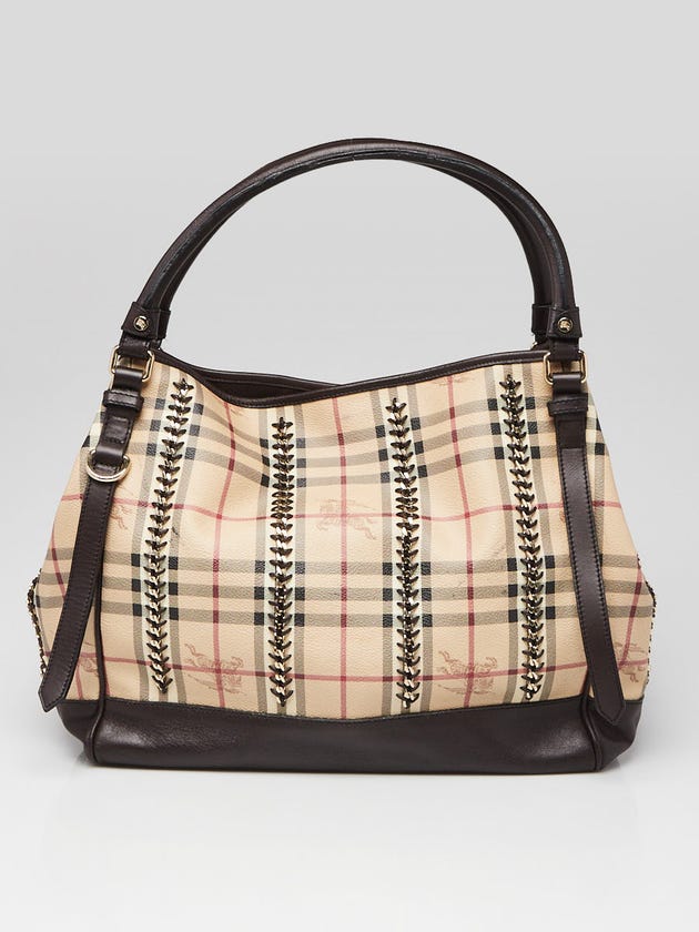Burberry Brown Leather Haymarket Check Coated Canvas Chain Lawrence Tote Bag