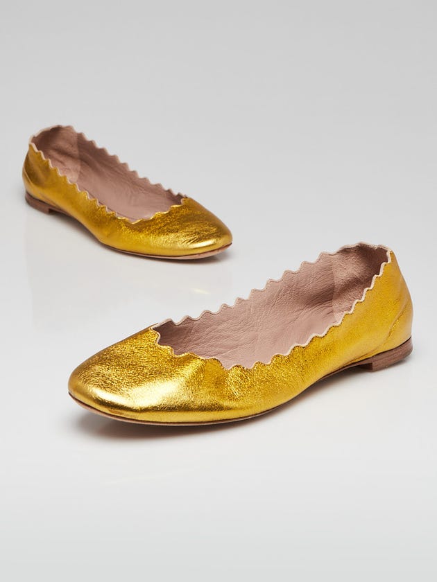 Chloe Metallic Gold Leather Lauren Scalloped Ballet Flats Size 6/36.5
