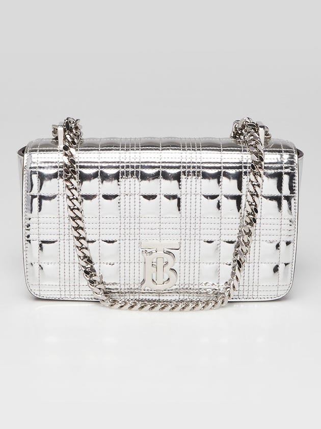 Burberry Metallic Silver Quilted Patent Leather Small Lola Flap Bag