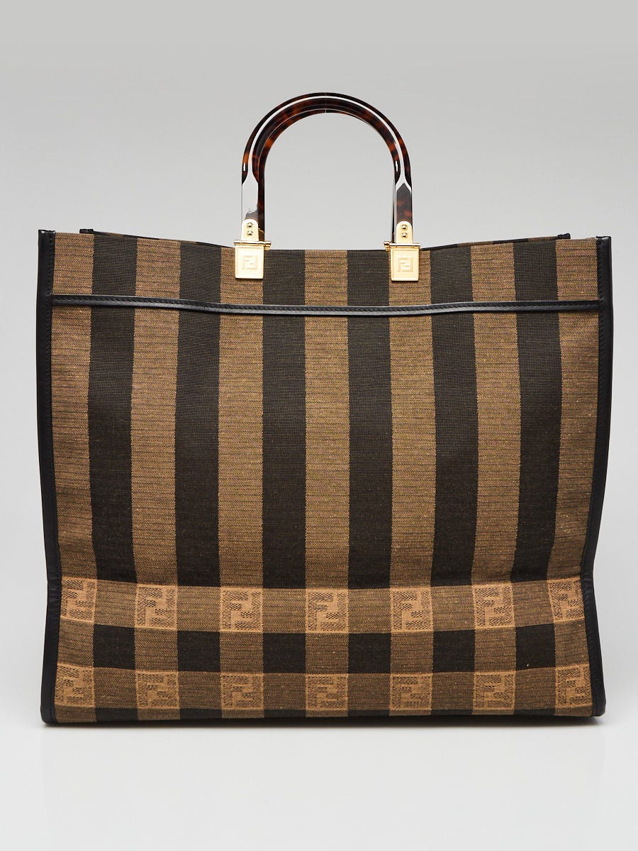 Fendi Tobacco Pequin Striped Woven Fabric Sunshine Large Shopper Tote Bag 8BH372 Yoogi s Closet