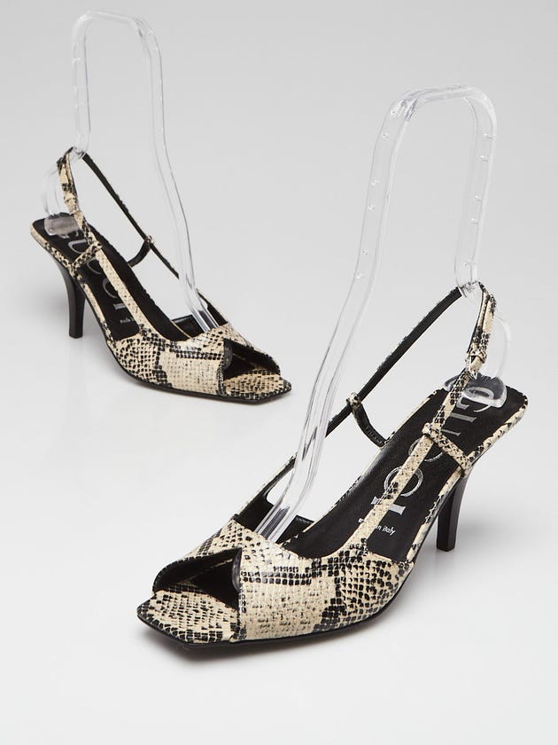 Gucci Black/Beige Python Printed Leather Peep Toe Sandals Size 8.5/39
