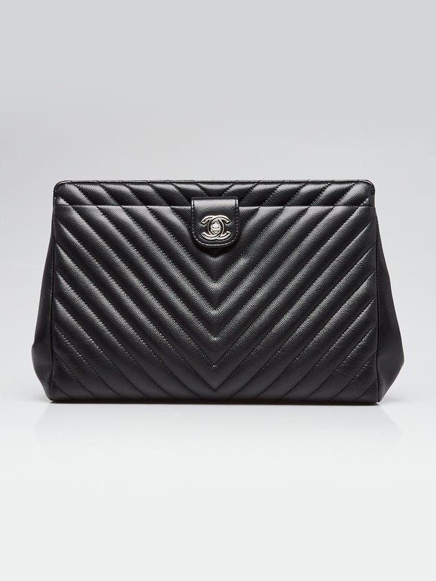 Chanel Black Chevron Quilted Caviar Leather CC Pouch Clutch Bag