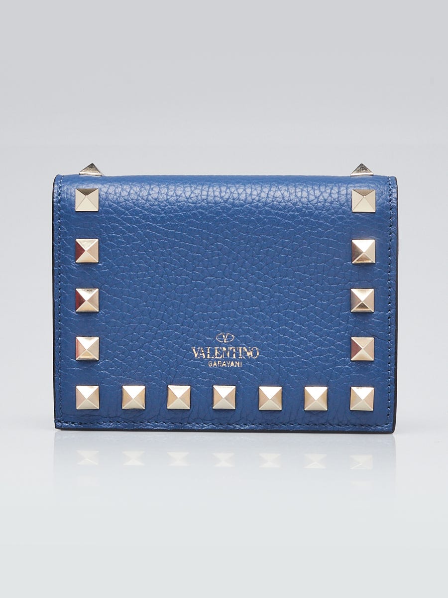 Valentino Blue Pebbled Leather and Rockstud Bi-Fold Compact Wallet