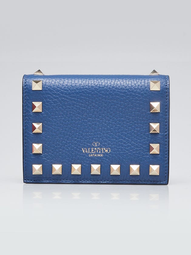 Valentino Blue Pebbled Leather and Rockstud Bi-Fold Compact Wallet
