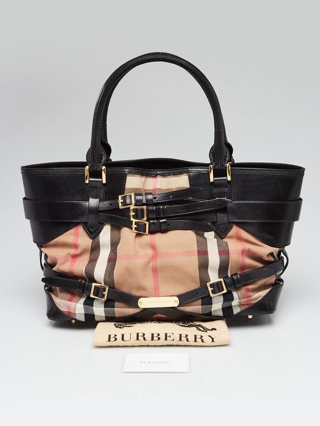 Burberry Black Leather Bridle House Check Canvas Lynher Medium Tote Bag