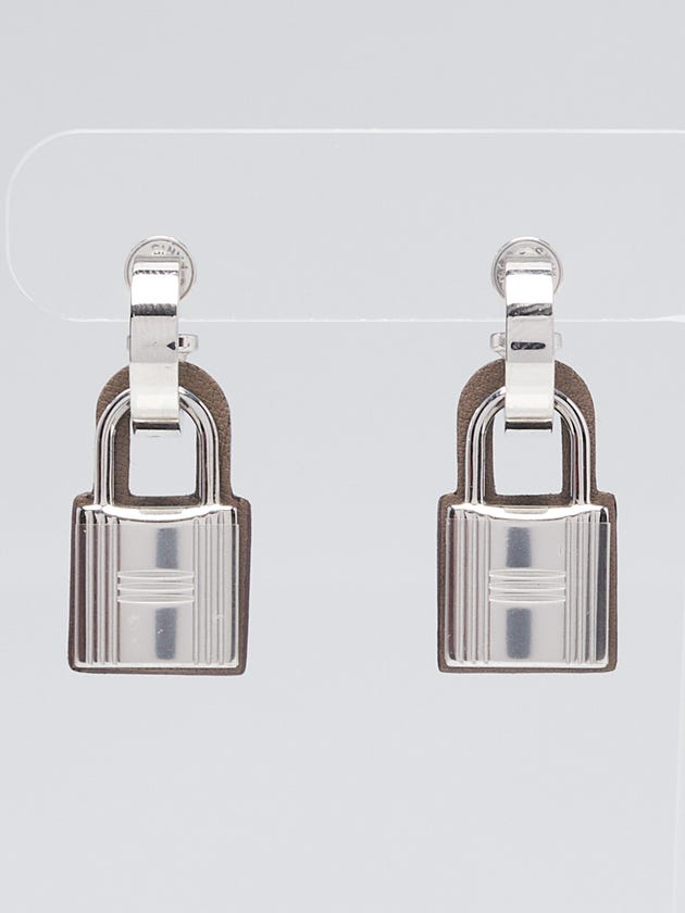 Hermes Palladium And Etoupe Swift Leather O'Kelly Lock Earrings