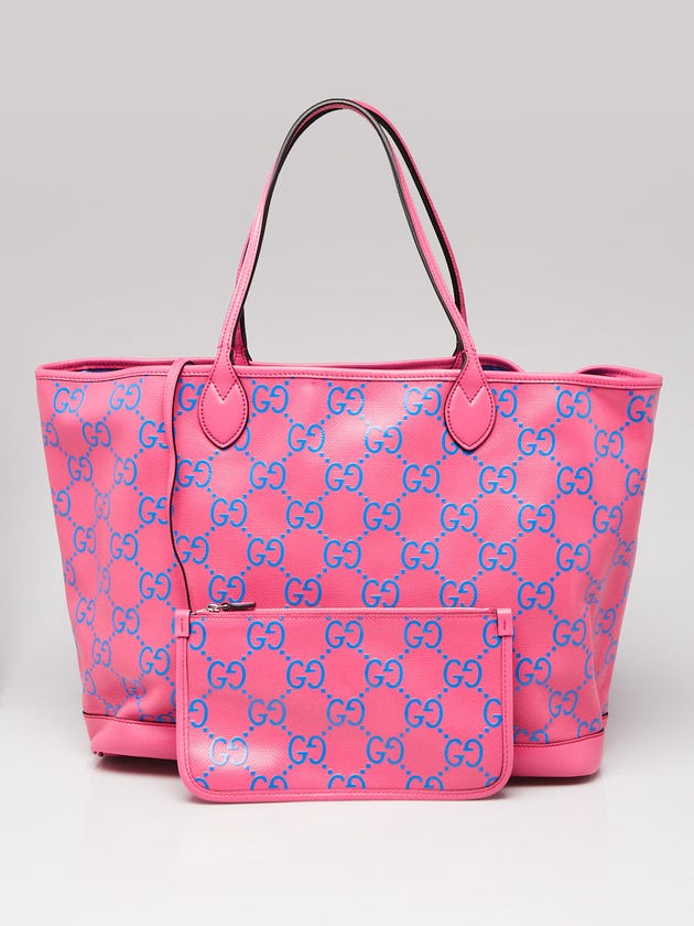 Gucci Pink/Blue GG Perforated Leather Tote Bag
