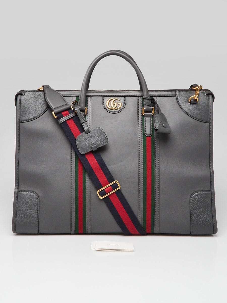 Gucci Grey Leather Vintage Web Maxi Duffle Bag | Yoogi's Closet