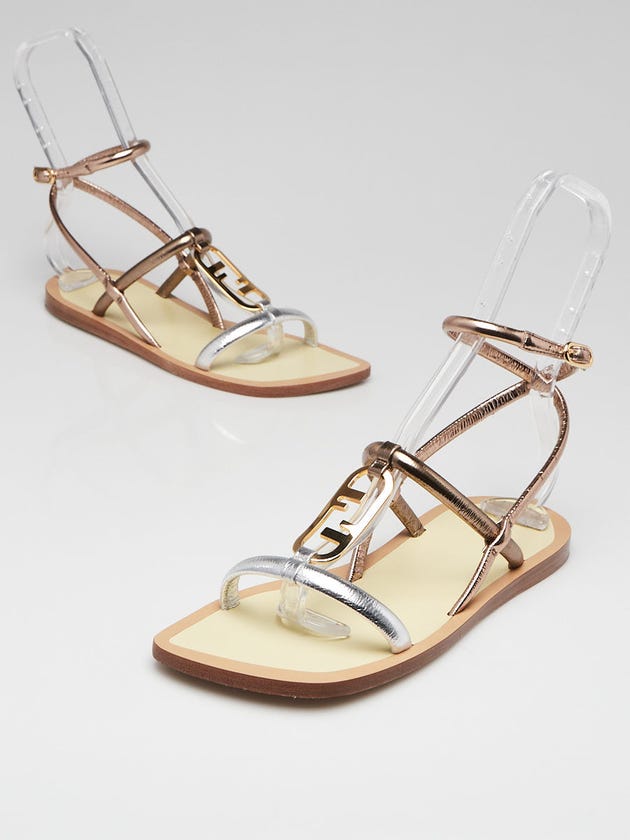 Fendi Argent/Stagno Metallic Leather Strappy Sandals Size 6.5/37