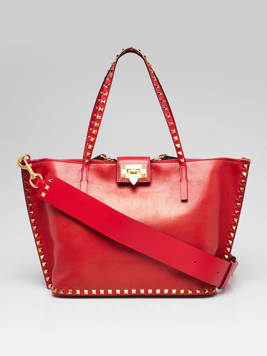 Valentino Red Leather Rockstud Medium Hype Tote Bag | Yoogi's Closet