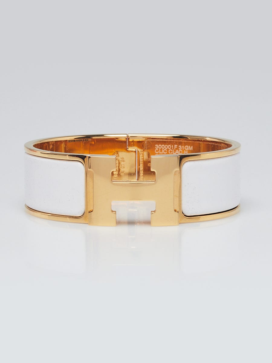 Hermes White Enamel Gold Plated Clic-Clac H GM Wide Bracelet
