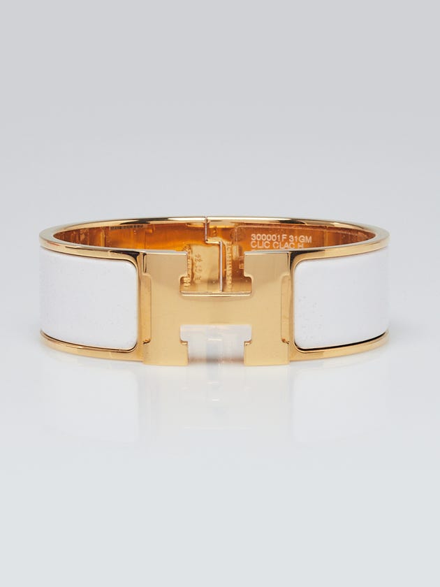 Hermes White Enamel Gold Plated Clic-Clac H GM Wide Bracelet