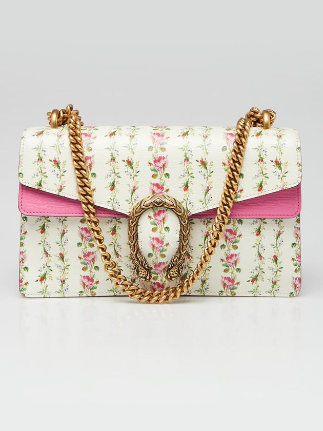 Gucci White/Pink Floral Printed Leather Small Dionysus Shoulder Bag