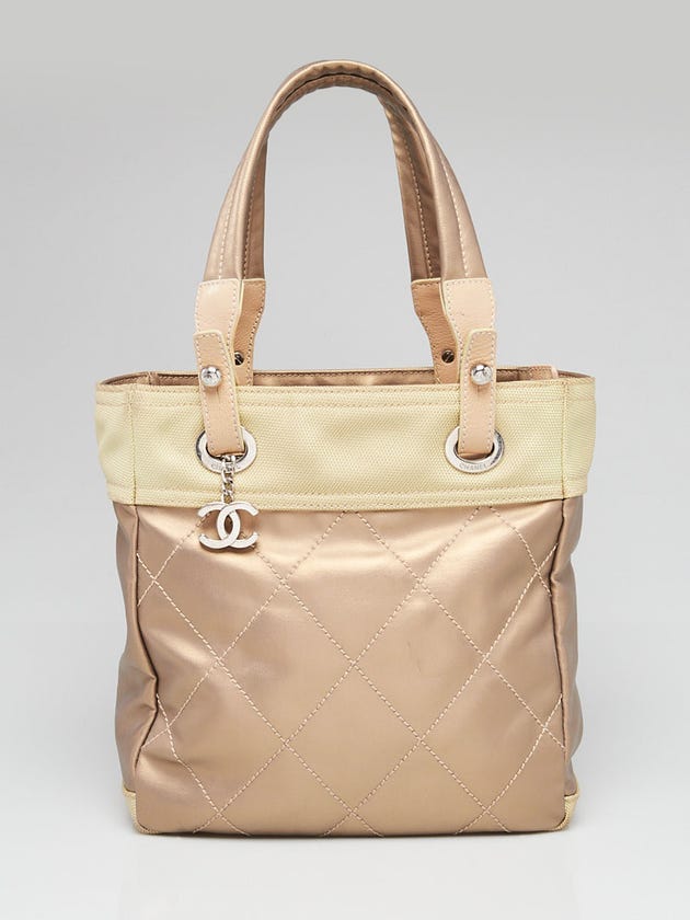 Chanel Gold Quilted Coated Canvas Paris-Biarritz Petite Shopping Tote Bag