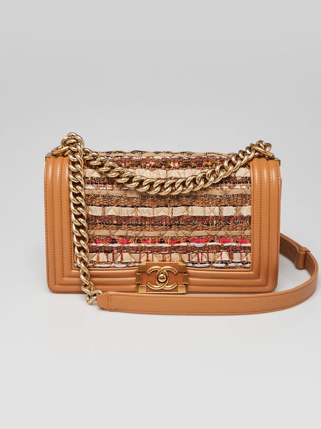 Chanel Dark Beige Quilted Fabric and Leather Medium Boy Bag