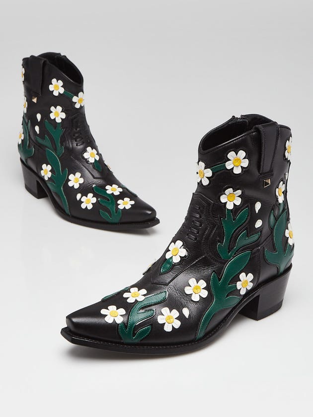 Valentino Black Flower Embellished Leather Western Boots Size 9/39.5