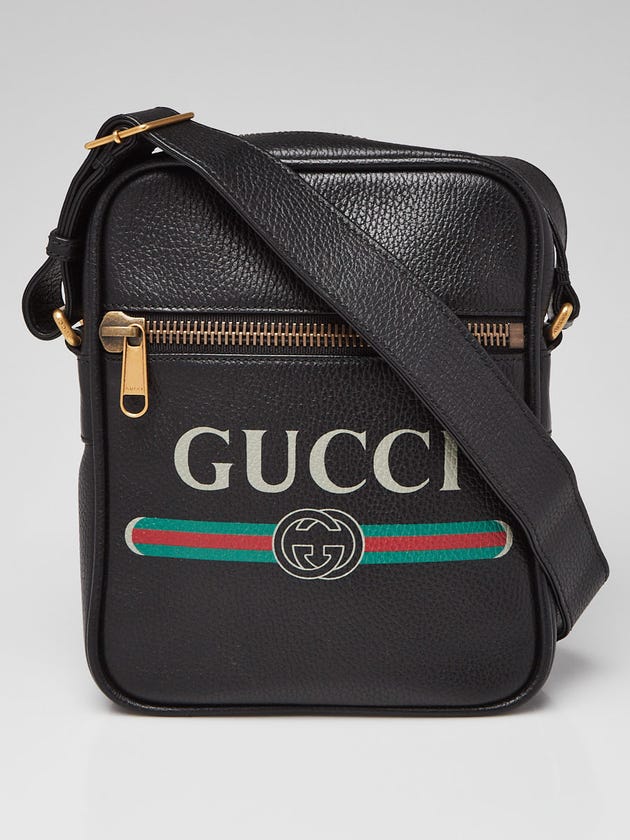 Gucci Black Pebbled Leather Retro Print Messenger Bag