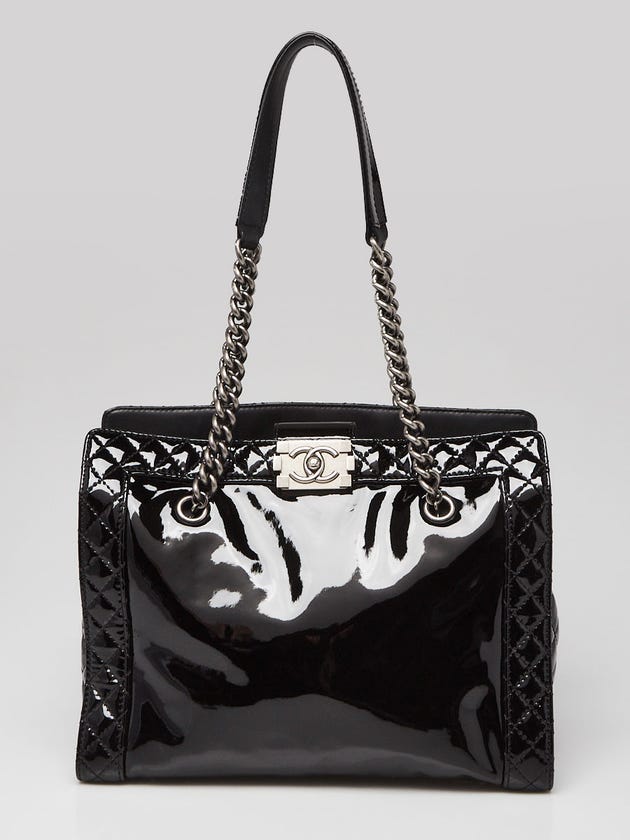 Chanel Black Patent Leather Boy Reverso Shopping Tote Bag