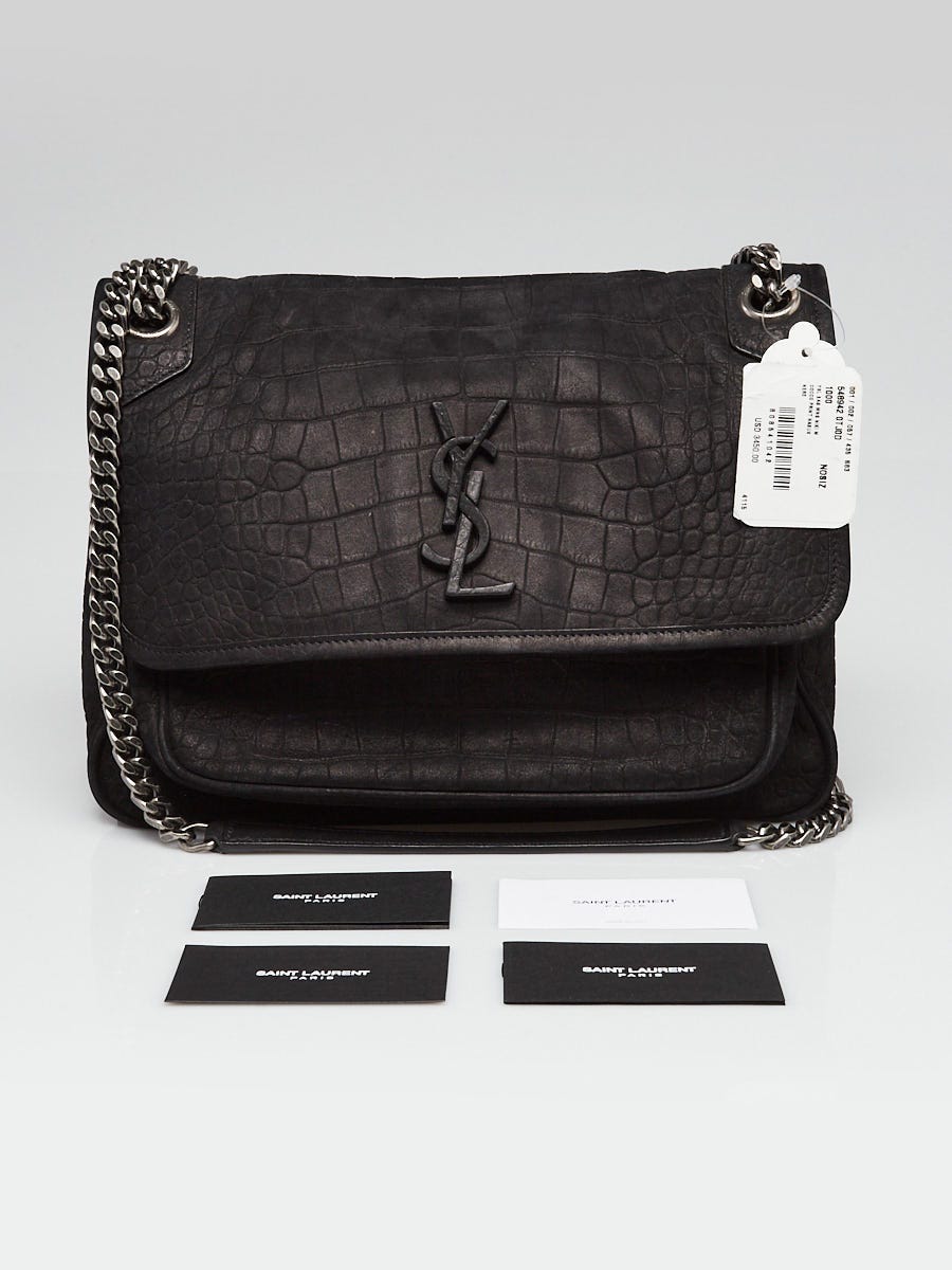 Yves Saint Laurent Black Croc Embossed Nubuck Medium Nikki