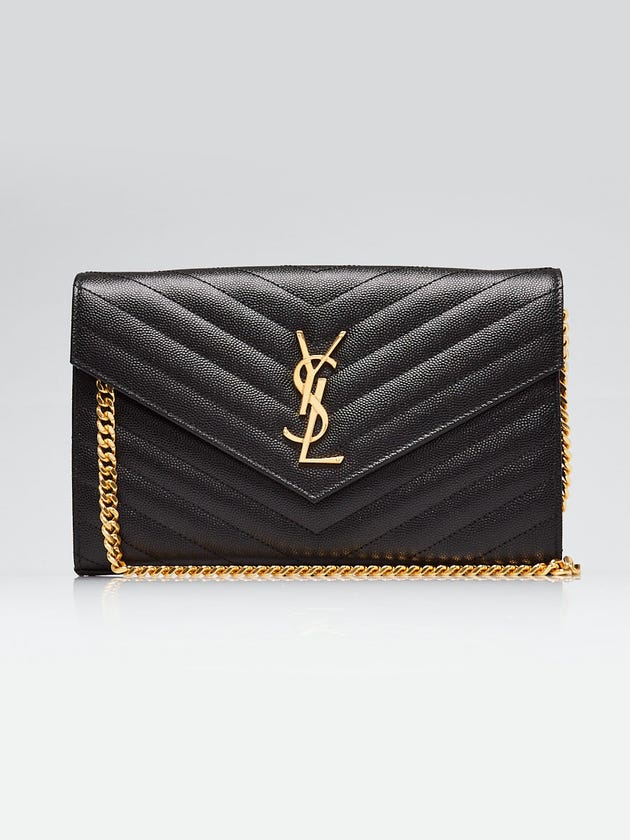 Yves Saint Laurent Black Chevron Quilted Grained Leather Envelope Wallet on Chain Bag