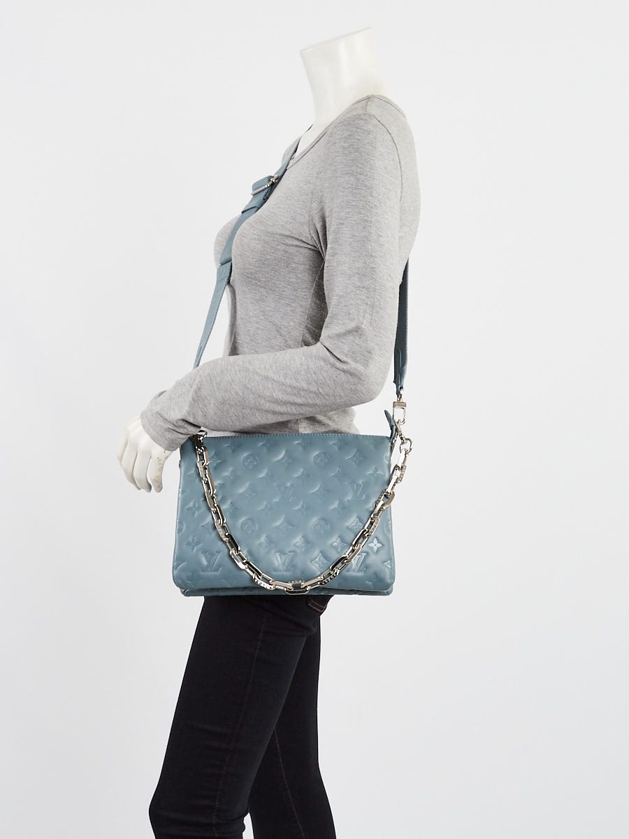 残少! Louis Vuitton ルイヴィトン COUSSIN PM BLEU GLACIER LOUIS VUITTON Lambskin Embossed Monogram Coussin PM Blue