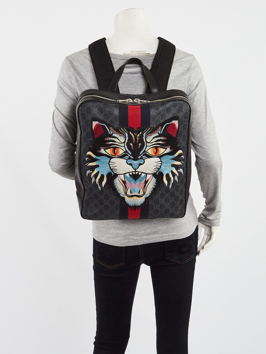 Gucci Black/Grey GG Supreme Canvas Angry Cat Web Backpack  display picture 3