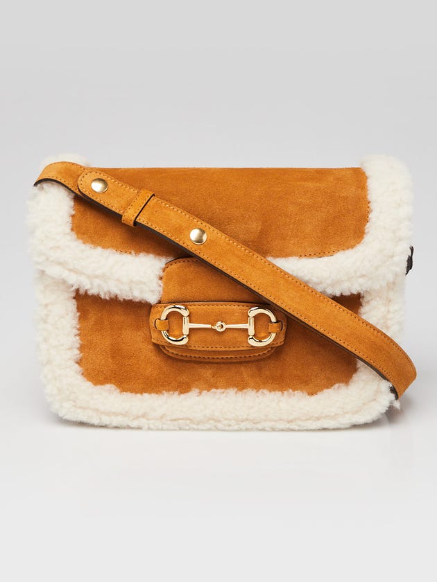 Gucci Light Brown Suede and Shearling Horsebit 1955 Small Bag