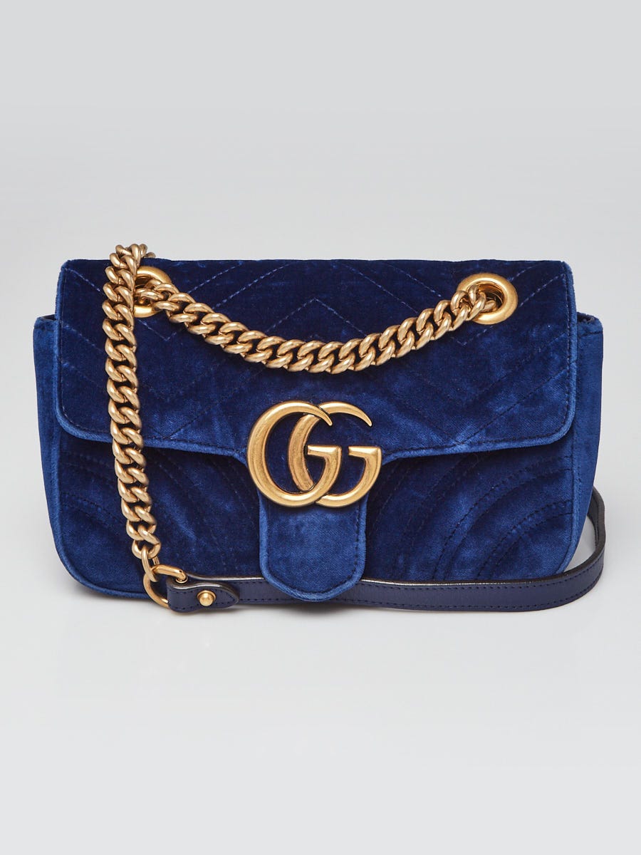 Gucci Blue Quilted Velvet GG Marmont Mini Shoulder Bag Yoogi s Closet