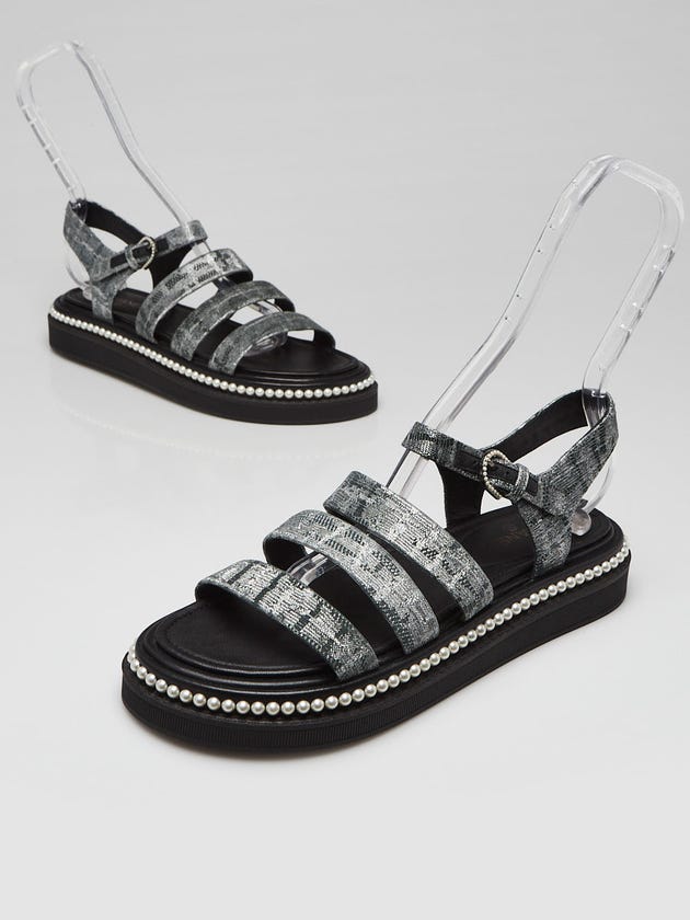Chanel Grey Jacquard Fabric/Leather Faux Pearls Sandals Size 7.5/38