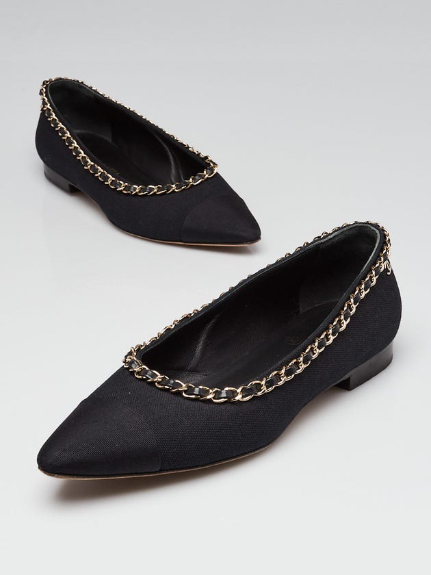 Chanel Black Canvas/Grosgrain Cap Toe Chain Ballet Flats Size 5.5