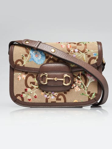 Gucci Beige/Ebony Jumbo GG Canvas/Leather Floral Embroidered 1955 Horsebit Shoulder Bag