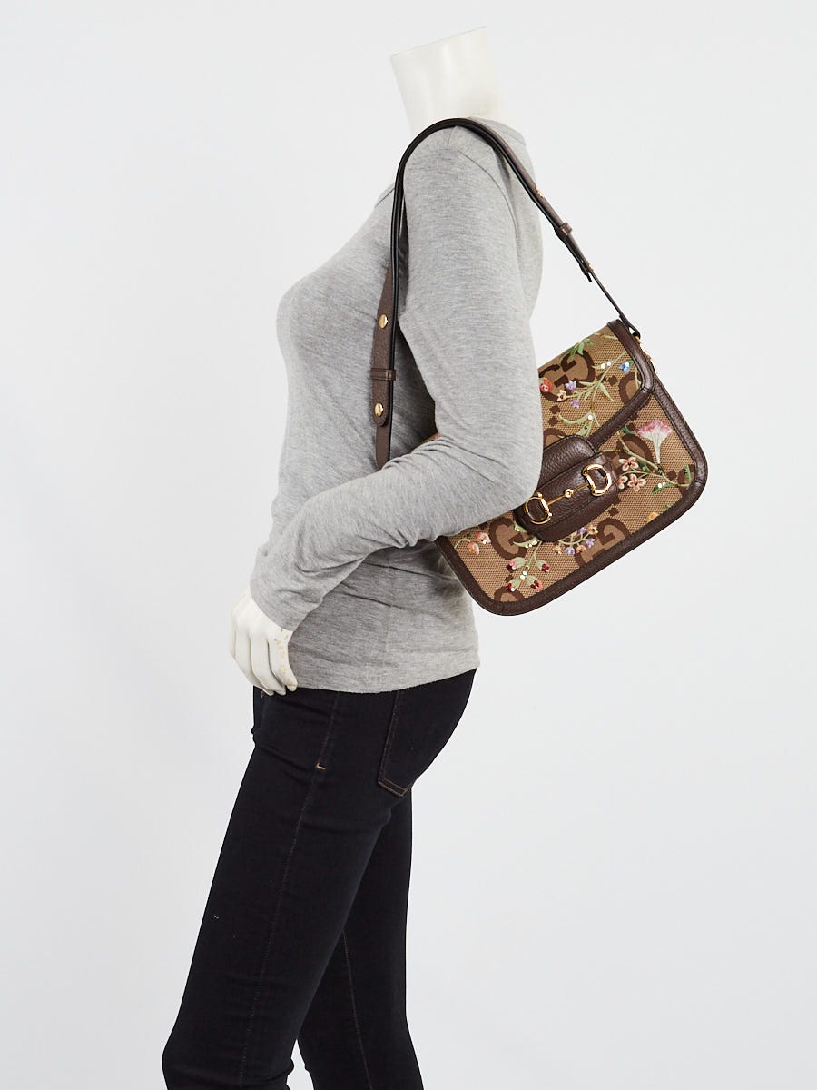 【GUCCI】 JUMBO GG CANVAS SHOULDER BAG Gucci Beige/Ebony Jumbo GG Canvas/Leather Floral Embroidered