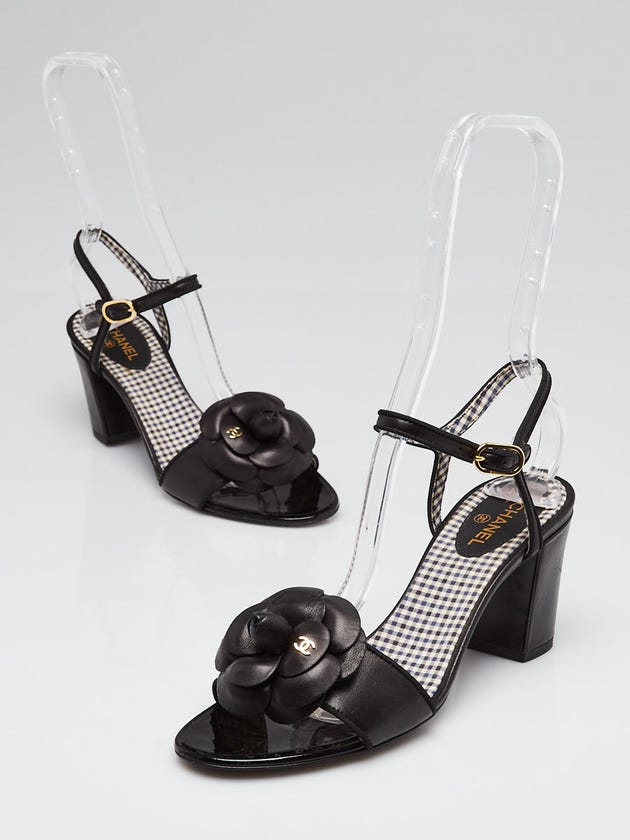Chanel Black Leather Camellia Flower Open-Toe Sandals Size 7/37.5