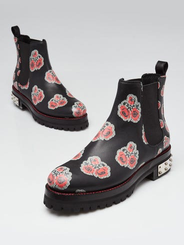 Alexander McQueen Black Leather Flower Print Chelsea Ankle Boots Size 6/36.5