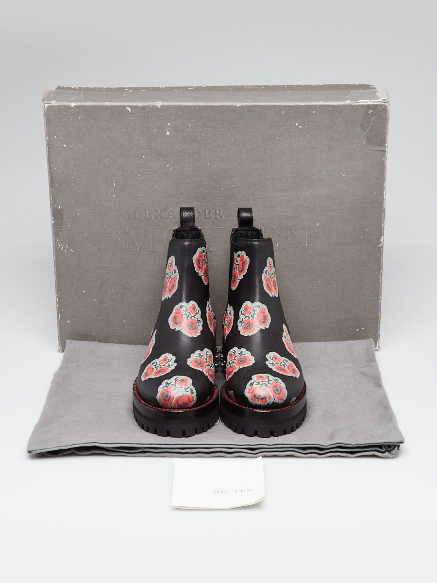 Alexander McQueen Black Leather Flower Print Chelsea Ankle