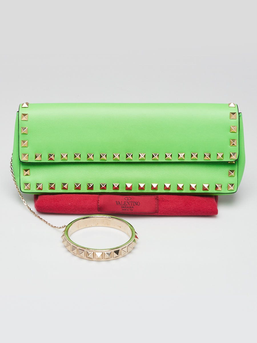 Valentino Neon Green Leather Rockstud Bracelet Clutch Bag